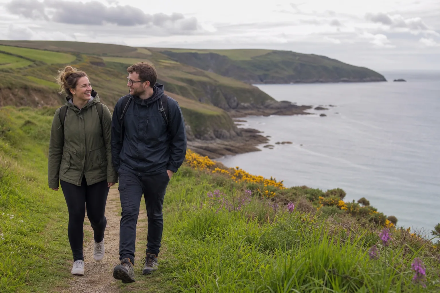 Two people walking beside the sea on the Devon coast