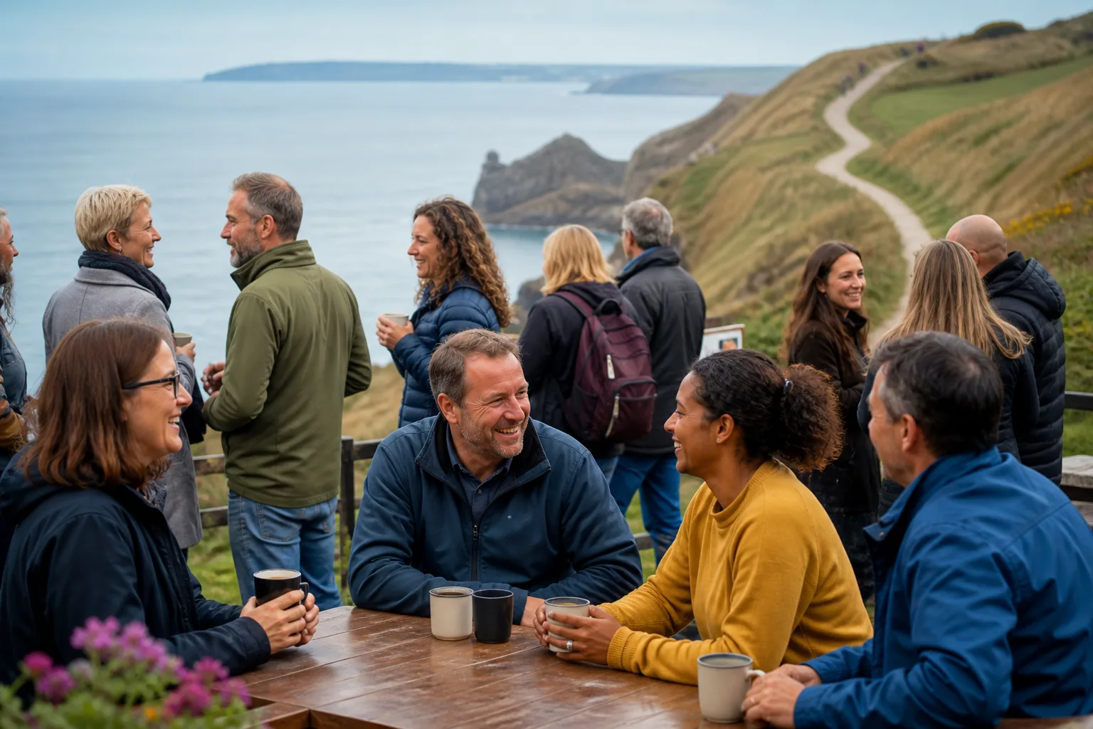 Adults chatting together at a relaxed social event in Devon