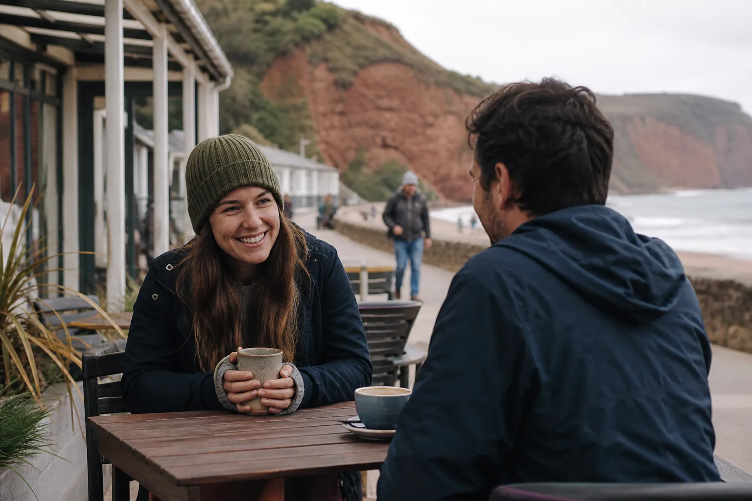 A couple walking beside the harbour in Ilfracombe, North Devon