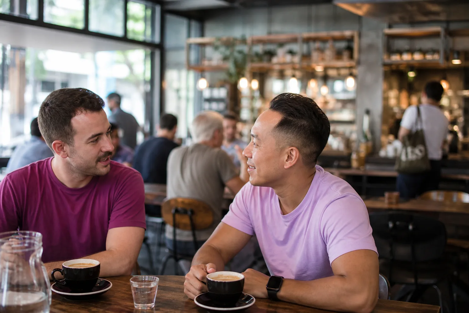 Two men talking over coffee at a relaxed Devon café
