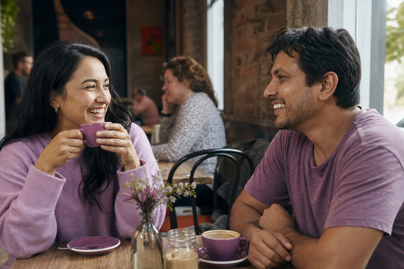 Two Devon singles talking over coffee on a relaxed first date
