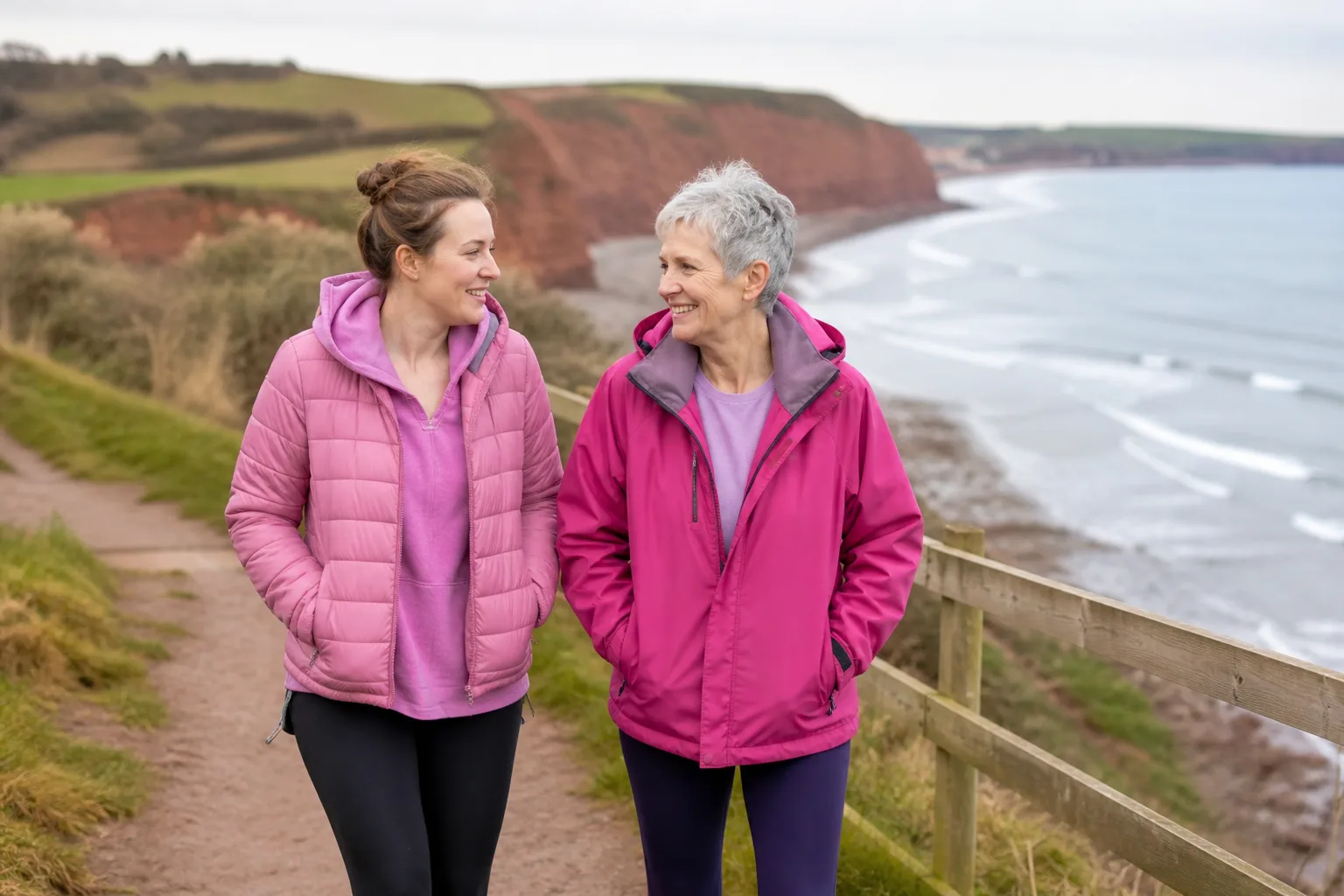 Two women enjoying a relaxed coastal walk together in Devon