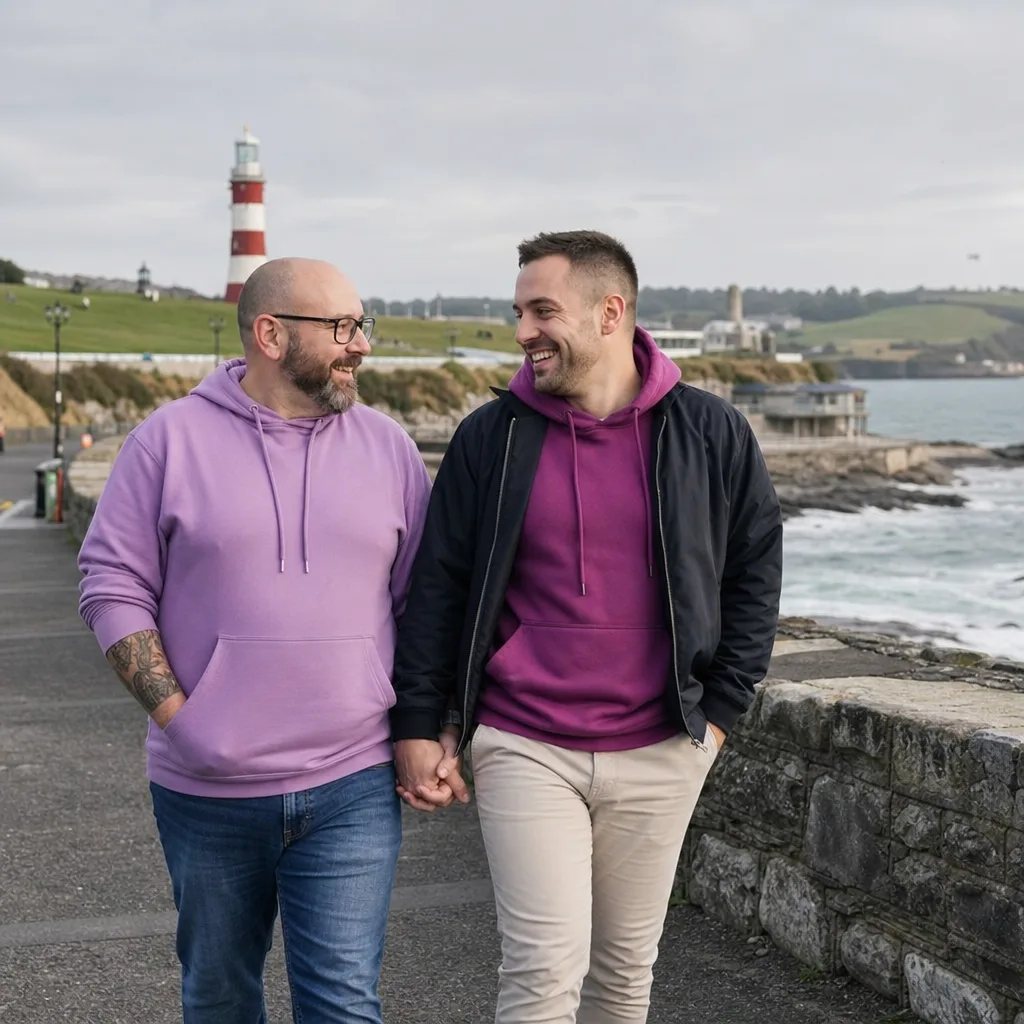 Gay couple having coffee at a table in Plymouth