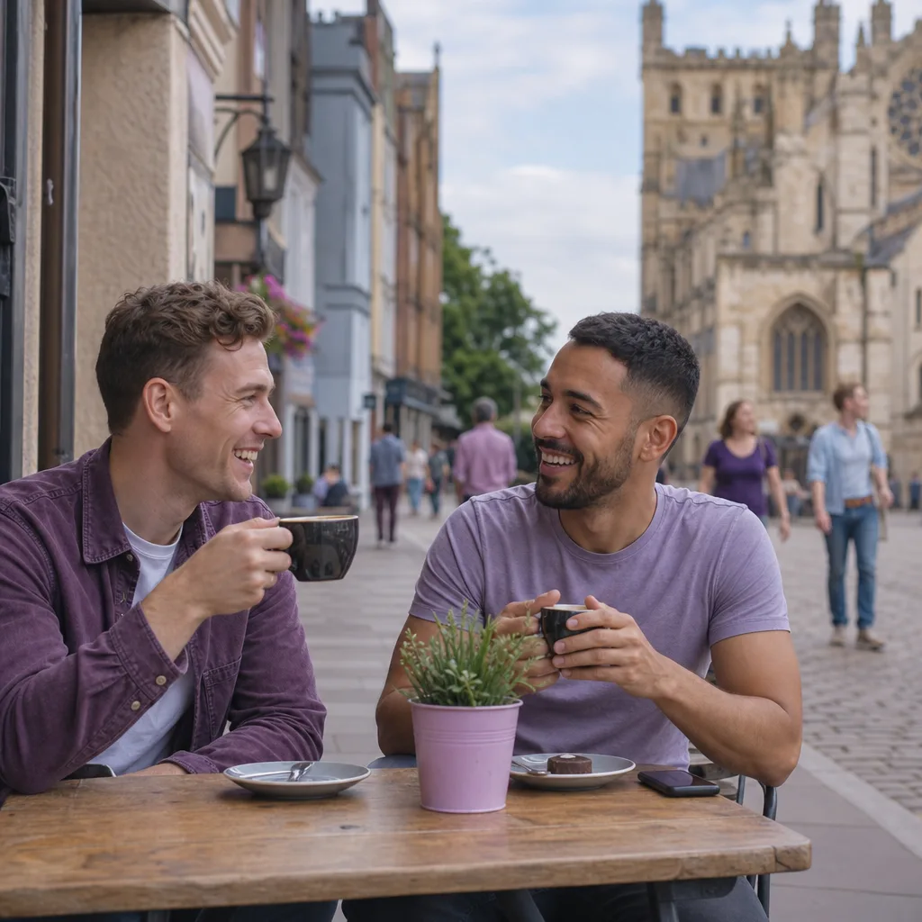 Two women sharing coffee at a table in central Exeter