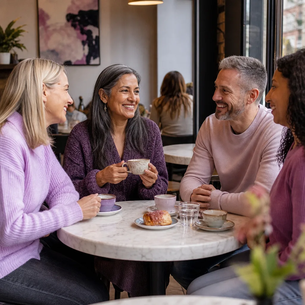 Two adults talking over coffee at a busy public venue in Devon
