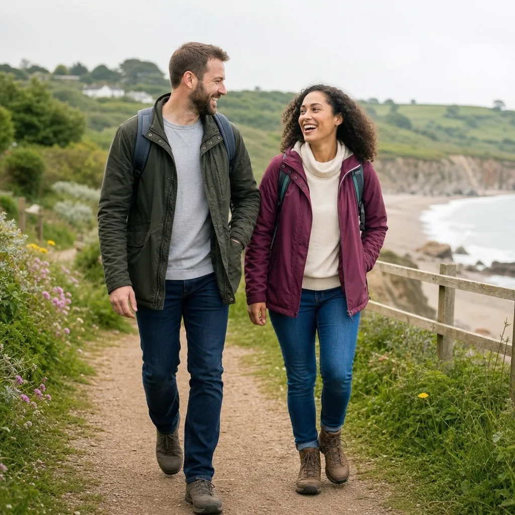 Two adults meeting at a bright café overlooking the Devon coast