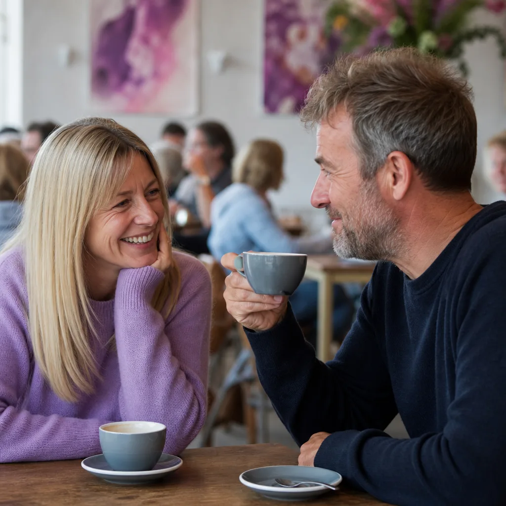 Two adults meeting in daylight near a busy Devon town centre