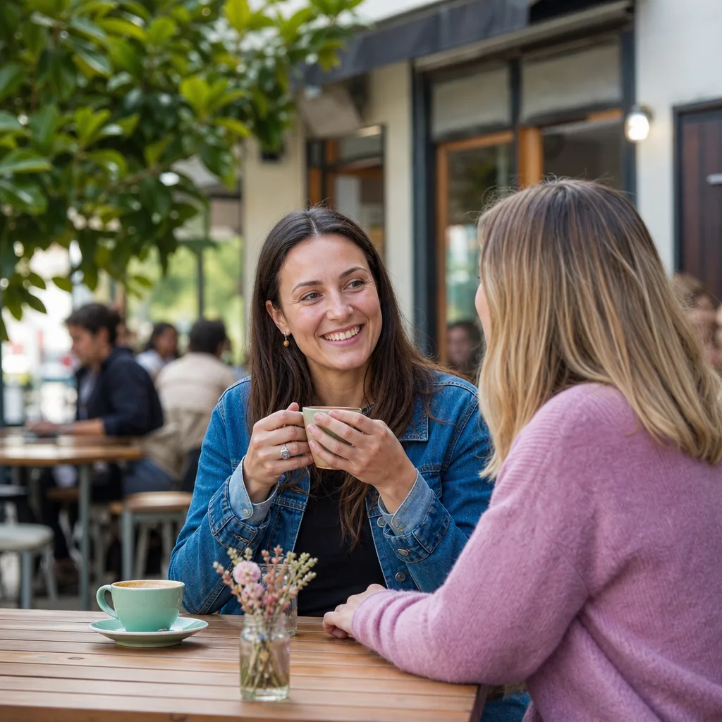 Woman meeting a man for coffee in a busy public place